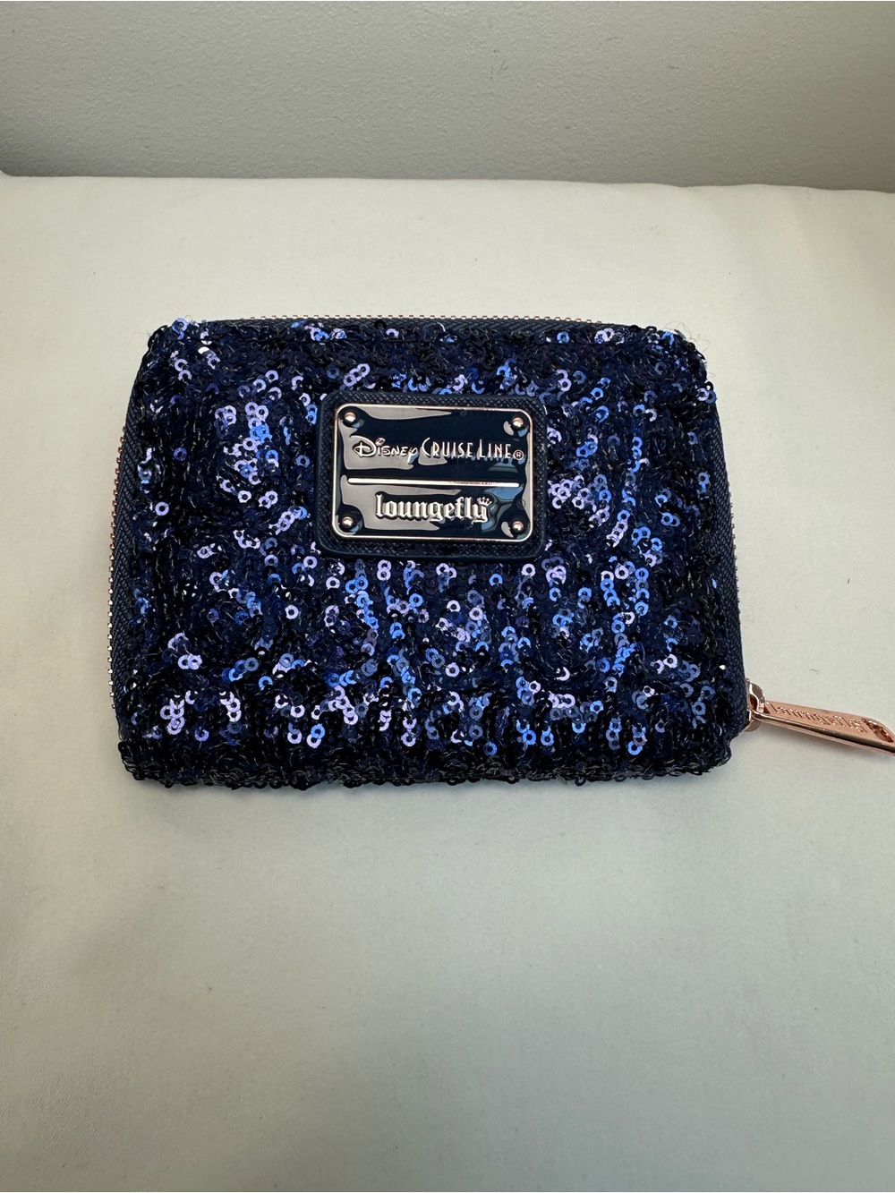 Disney Cruise Line Loungefly Navy Sequin Bow Zip Wallet Rose-Gold Anchor - Picture 3 of 9